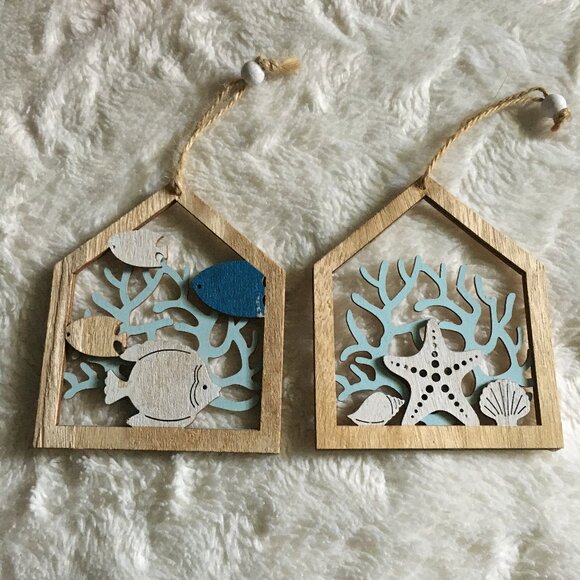 Two Wooden Die Cut Rustic Coastal Décor Wall Hangings - Picture 2 of 15